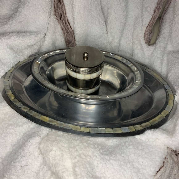 Antique Towle Silversmiths Mother Of Pearl Inlay Serving Tray , Bowl & Container - Picture 9 of 10